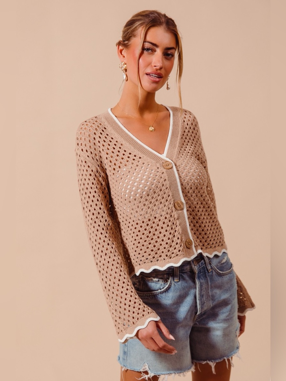 SO ME Open Knit Light Weight Sweater Cardigan With Contrast Wavy Scallop Edge - Picture 3 of 11